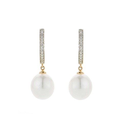 9ct Yellow Gold Pearl And Diamond 0.08ct Drop Earrings