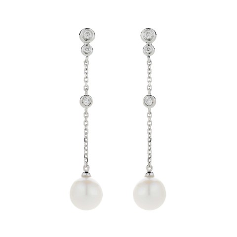 9ct White Gold Pearl And Diamond 0.10ct Long Drop Earrings