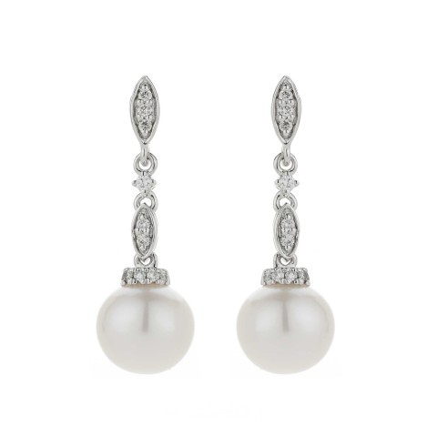 9ct White Gold Pearl And Diamond 0.10ct Marquise Drop Earrings