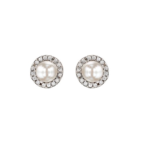 9ct White Gold Pearl and Cubic Zirconia Halo Stud Earrings