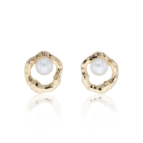  Yellow Gold Plated Hammered 6-6.5mm Pearl Earrings