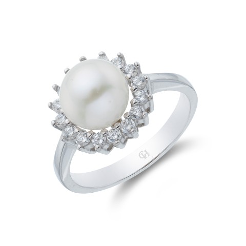 9ct White Gold Pearl And Cubic Zirconia Halo Ring
