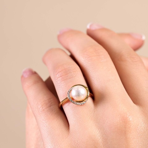 Yellow Gold Plated Pearl and Cubic Zirconia Halo Ring