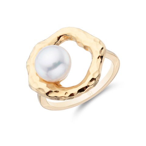Yellow Gold Plated Hammered 8.8.5mm Pearl Open Ring