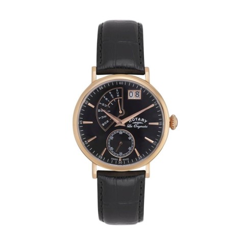 Gents Rotary Rose Gold Black Leather Strap Watch