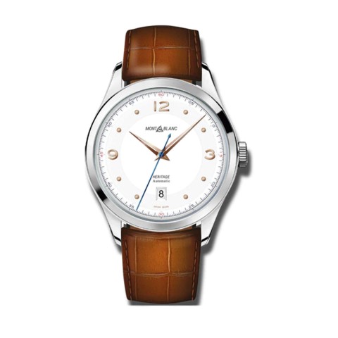 Montblanc Heritage Automatic Date Mens Watch 128672 White Dial Brown Leather Strap
