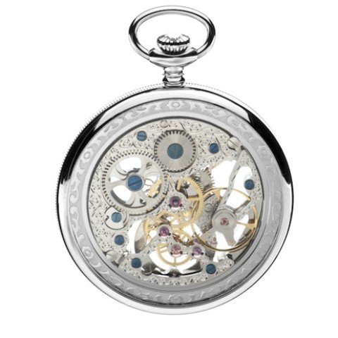Jean Pierre Chrome Plated Open Face 17 Jewelled Mechaincal Skeleton Pocket Watch with Chain G252CM