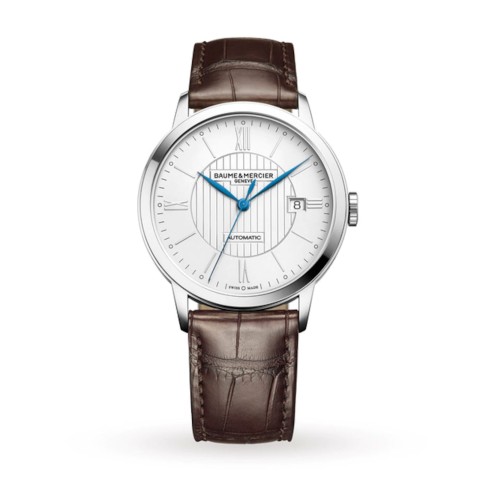 Classima silver automatic dial brown leather strap watch