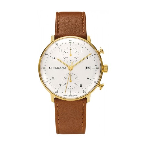 Junghans Max Bill Chronoscope Silver Automatic Dial Tan Leather Strap Watch
