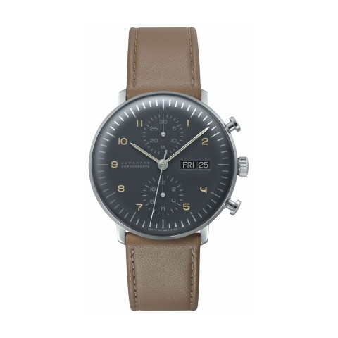 Junghans Max Bill Chronoscope Grey Dial Tan Leather Strap Watch