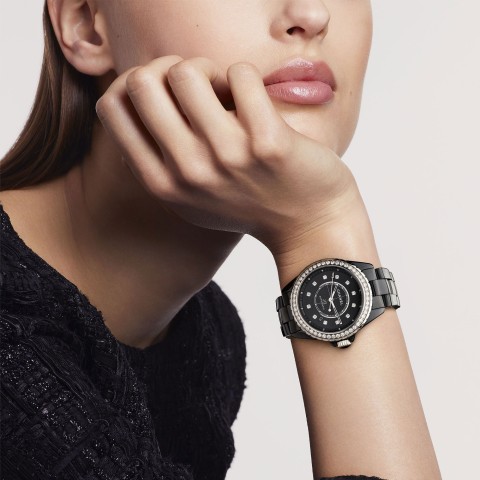 Chanel J12 Paved Bezel  Ladies Watch H6526 38mm Black Ceramic Bracelet Black Dial Diamond Set