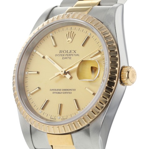 Gents Rolex Oyster Perpetual Date Stainless Steel and Gold Champagne Baton Dial Fluted Bezel 2002 (no box or papers)