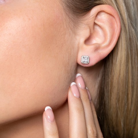 Silver Princess Cut Cubic Zirconia Halo Stud Earrings