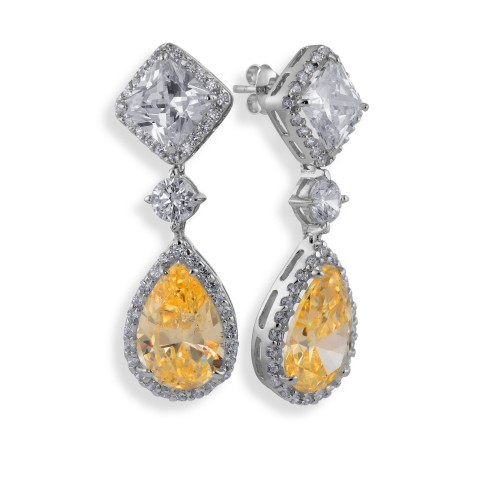 Silver Pear Cut Canary Yellow Crystal And Princess Cut Cubic Zirconia Halo Drop Earrings