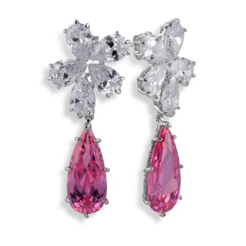 Silver Pear Cut Rosé Pink And White Cubic Zirconia Flower Drop Earrings