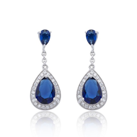 Silver Pear Cut Blue Cubic Zirconia Drop Earrings