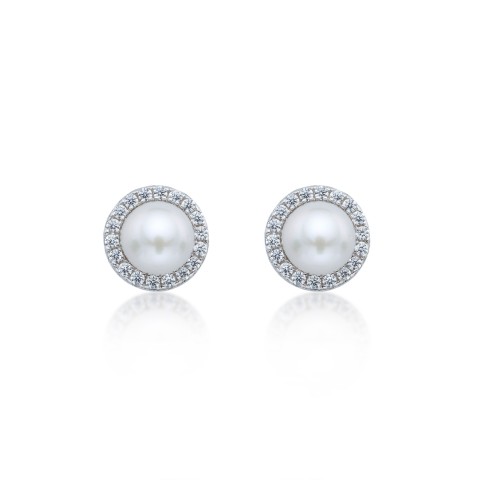 Silver Pearl and Cubic Zirconia Stud Earrings