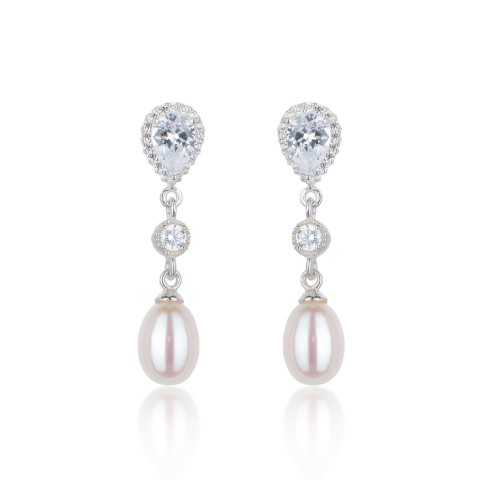 Silver Pearl and Cubic Zirconia Drop Earrrings
