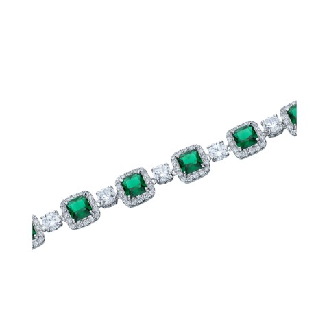 Silver Cushion Cut Forest Green Crystal and Cubic Zirconia Halo Bracelet