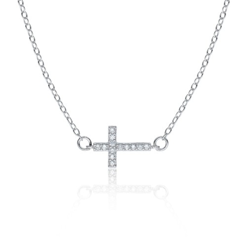 Sterling Silver Cubic Zirconia Horizontal Cross Necklace