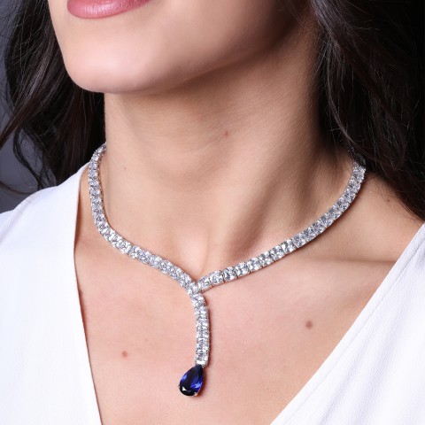 Silver Pear Cut Midnight Blue Crystal and Cubic Zirconia Drop Necklace