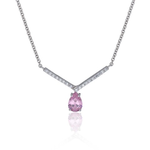 Silver Pear Cut Pink Cubic Zirconia Sweetheart Necklace