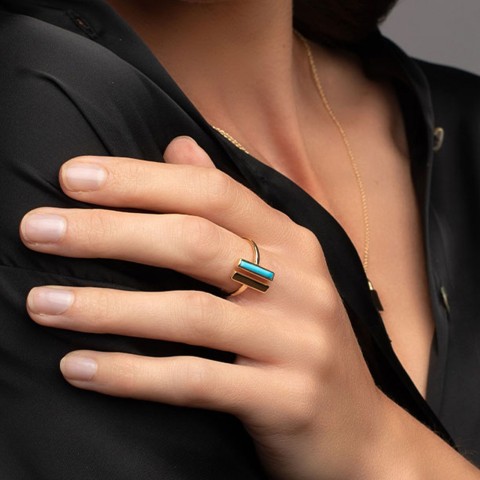 Silver Yellow Gold Plated Blue Magnesite T-bar Ring