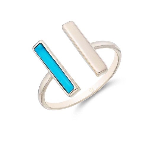 Silver Yellow Gold Plated Blue Magnesite T-bar Ring
