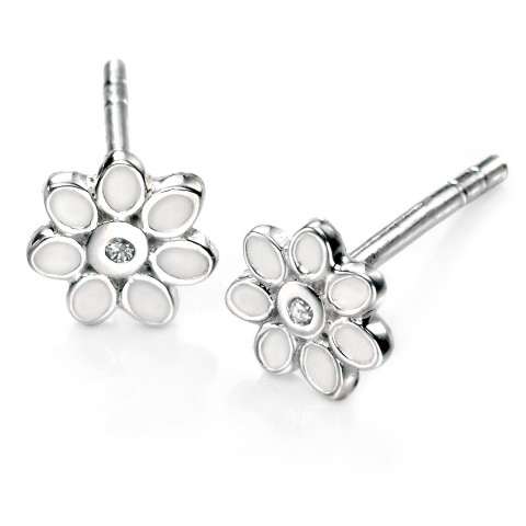 D For Diamond Silver And White Enamel Flower Stud Earrings