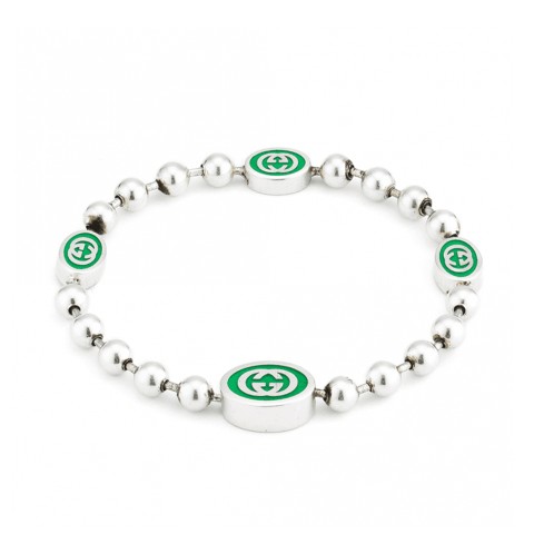 Gucci Interlocking G Bracelet Silver with Green YBA701609001 - Size L