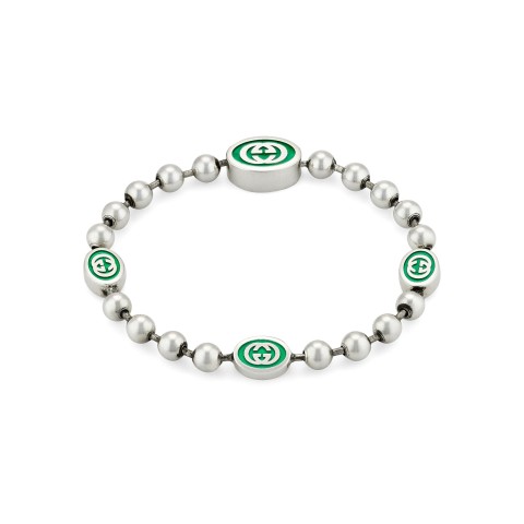 Gucci Interlocking G Bracelet Silver with Green YBA701609001 - Size XL