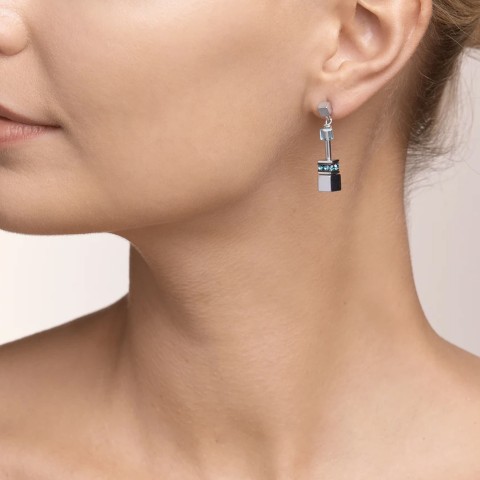Coeur De Lion Geo Cube Silver and Blue Drop Earrings 2840/21-1544