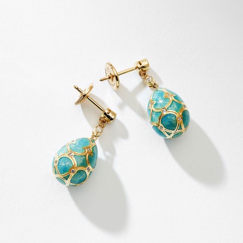 Fabergé Heritage Yellow Gold Diamond & Turquoise Guilloché Enamel Egg Drop Earrings 1