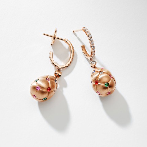 Fabergé Treillage Brushed Rose Gold Diamond & Multi-Coloured Gemstone Egg Drop Earrings 1