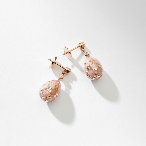 Fabergé Heritage Rose Gold Pink Guilloché Enamel Egg Drop Earrings 387EA1446