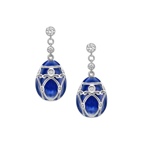 Fabergé Heritage White Gold Royal Blue Guilloché Enamel Egg Drop Earrings 389EA1412