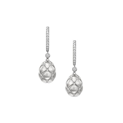 Fabergé Treillage Brushed White Gold & Diamond Set Egg Drop Earrings 378EA824