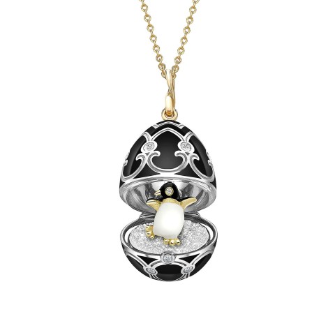 Fabergé Heritage Yellow & White Gold Black Enamel Locket with Diamond & Penguin Surprise Pendant 1540FP3126/23