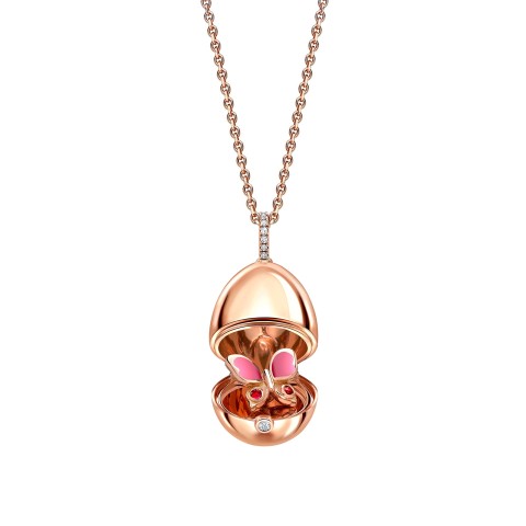 Fabergé Essence Rose Gold Ruby & Pink Lacquer Butterfly Surprise Locket Pendant 1258FP2394