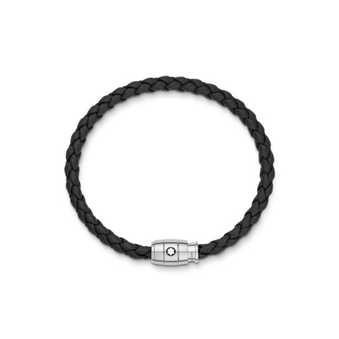 Montblanc Steel 3 Rings Closing and Black Leather Bracelet 130896