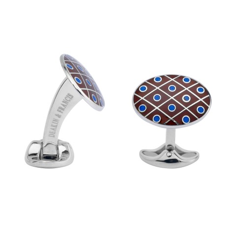 Deakin & Francis Vitreous Enamel Sterling Silver Oval Maroon And Royal Blue Spot Cufflinks