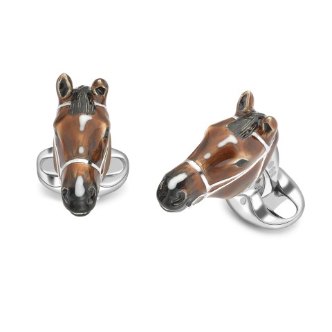 Deakin & Francis Sporty Sterling Silver And Brown Enamel Horse Head Cufflinks
