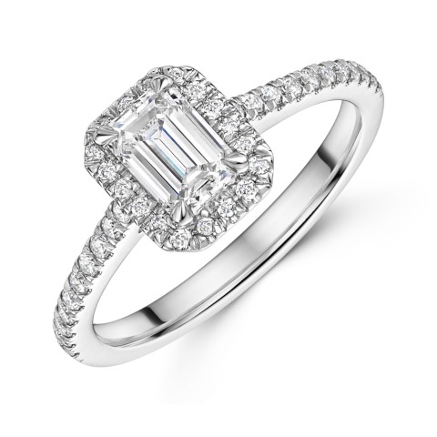 Platinum Lab Grown 0.75ct Emerald Diamond Shoulders Halo Ring