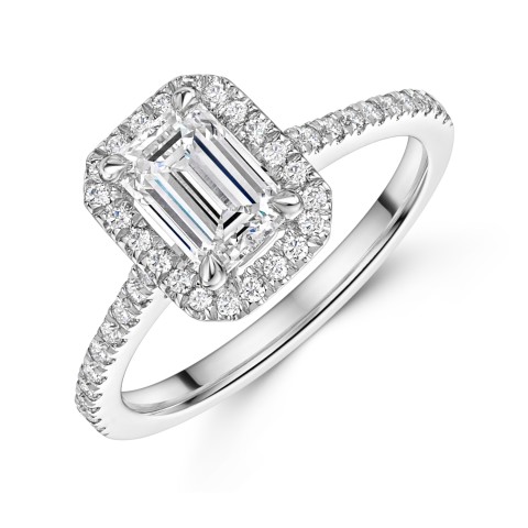 Platinum Lab Grown 1.00ct Emerald Diamond Shoulders Halo Ring