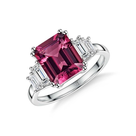 18ct White Gold Emerald Cut 3.00ct Pink Sapphire and 0.60ct Diamond Five Stone Ring