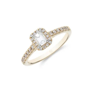18ct Yellow Gold Emerald Cut 0.60ct Diamond Halo Solitaire Ring