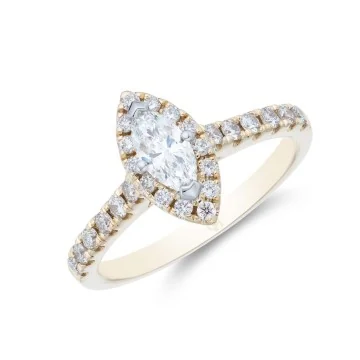 18ct Yellow Gold Marquise Cut 0.70ct Diamond Halo Solitaire Ring
