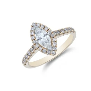 18ct Yellow Gold Marquise Cut 0.90ct Diamond Halo Solitaire Ring