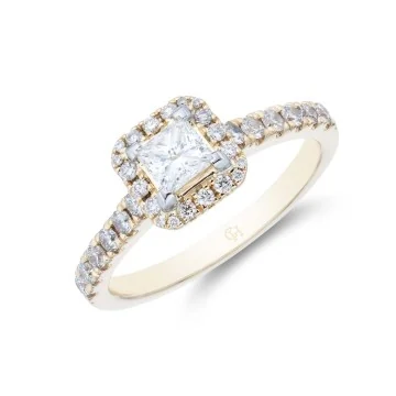 18ct Yellow Gold Princess Cut 0.50ct Diamond Halo Solitaire Ring