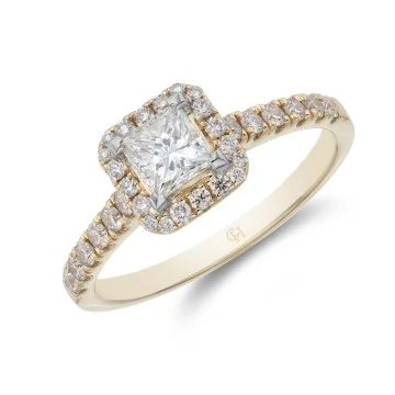 18ct Yellow Gold Princess Cut 0.50ct Diamond Halo Solitaire Ring